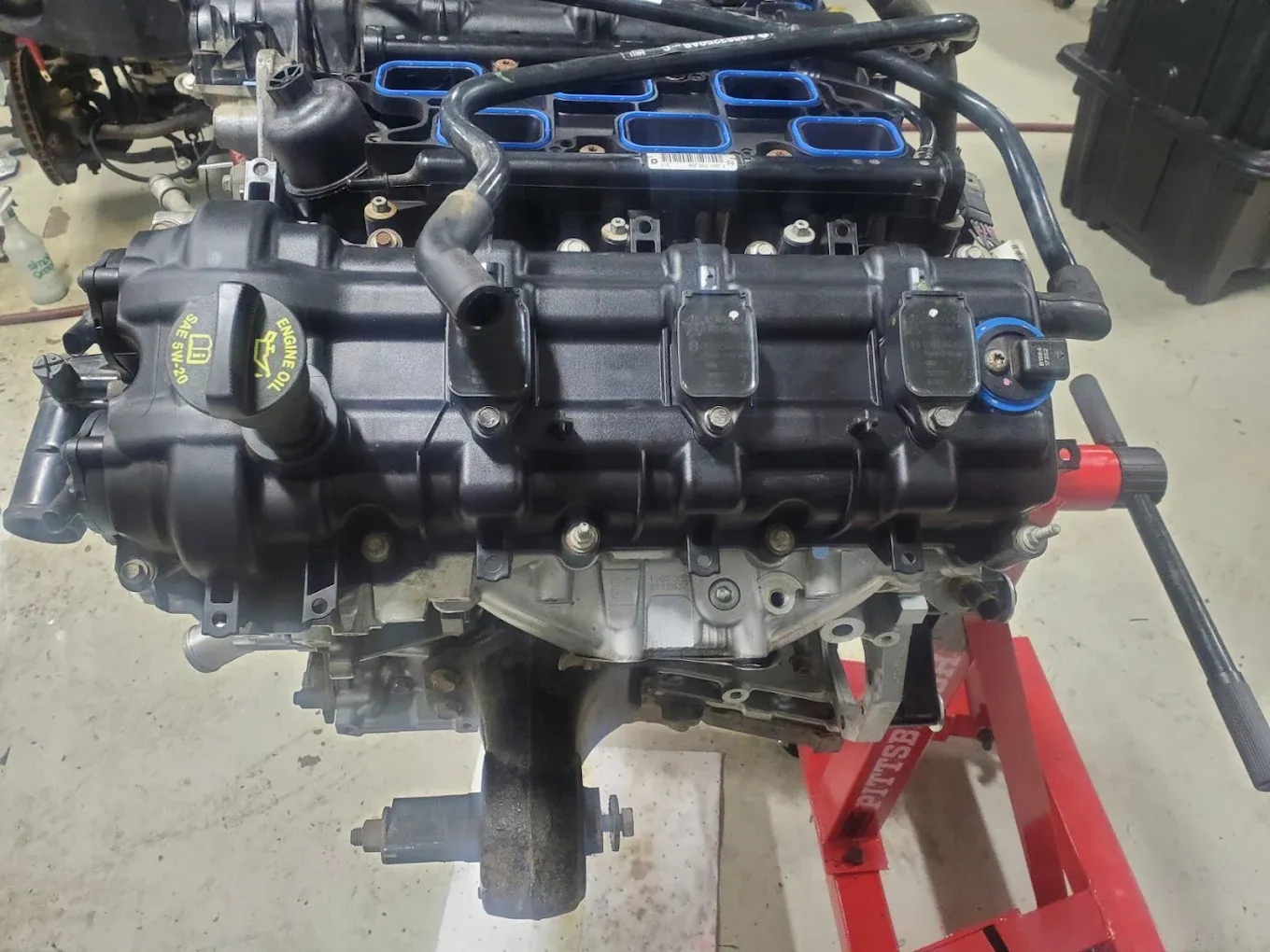 Reassembled engine on a stand ready for install